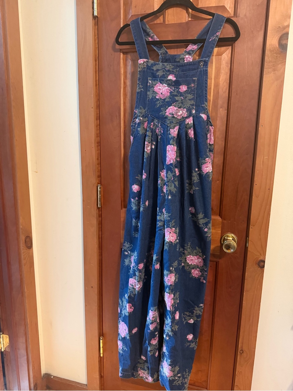 Unbranded Floral Denim Overalls Jumpsuit - with Pink Roses Dark Blue